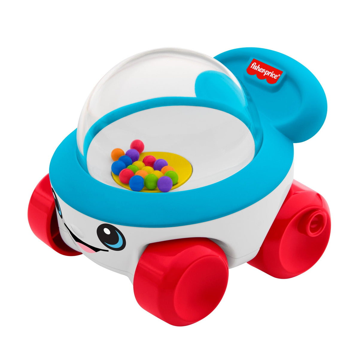 Colourful baby rolling ball activity toy with red wheels and bright play balls on a white background