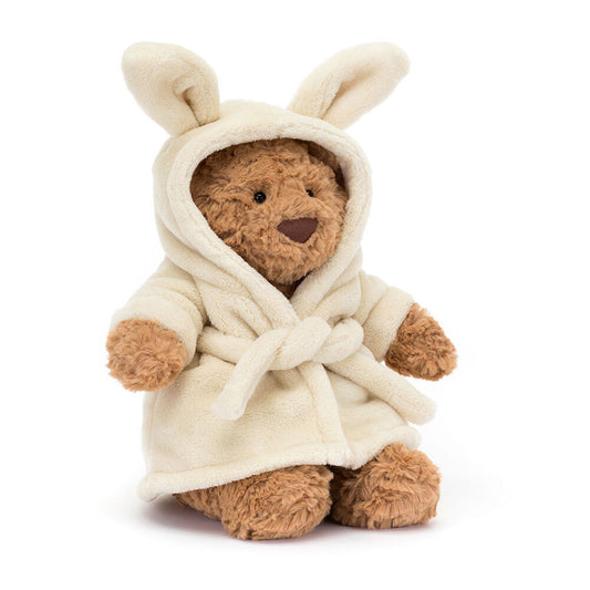 Jellycat Bartholomew Bear soft toy wearing a cosy bathrobe outfit