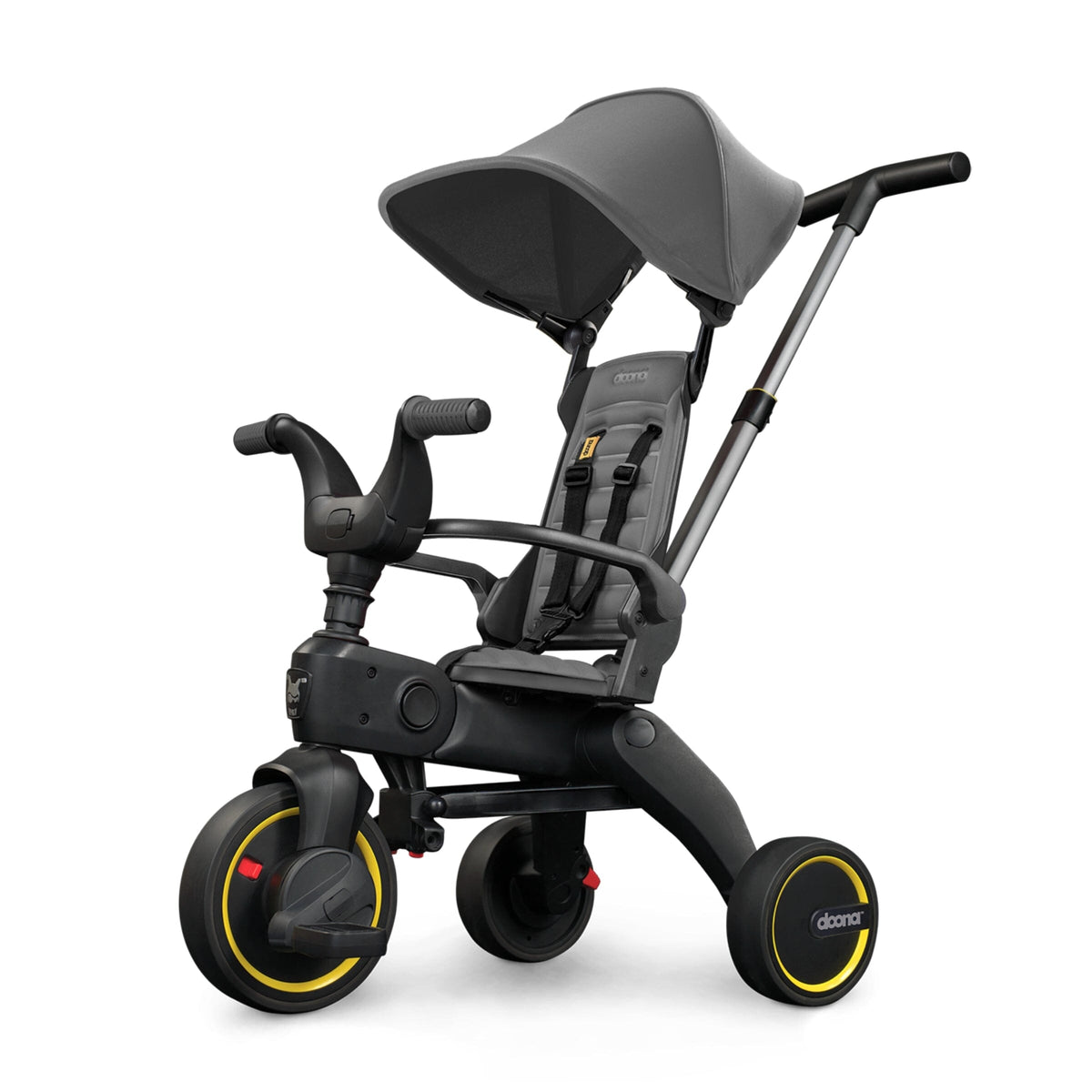 Doona Liki Trike S1 grey foldable toddler trike with parent steering handle and canopy