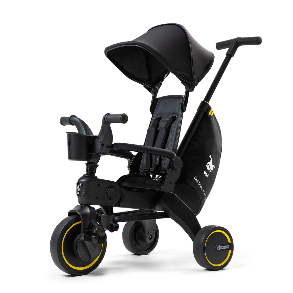 Doona Liki Trike S5 Midnight Limited Edition foldable toddler trike with black frame and parent handle