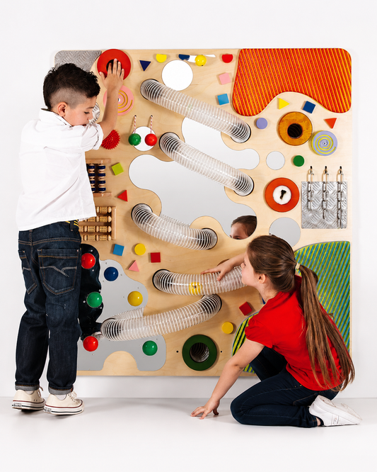 Kids wooden sensory activity wall play board with colourful shapes tubes mirrors and interactive learning features